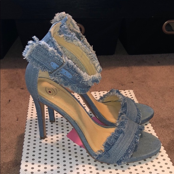 Light Denim Frayed Ankle Strap Heels - Picture 7 of 8